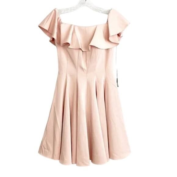 La Femme NWT Blush Pink Ruffled Off Shoulder Fit & Flare Dress- Size 4 - Picture 9 of 11